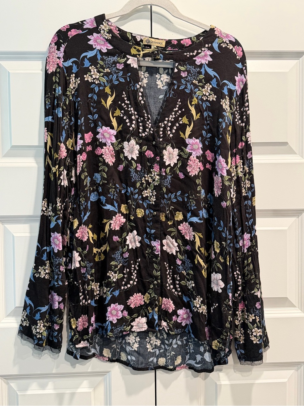 Democracy Black Floral Bell Sleeve Top with Pink & Blue Flowers